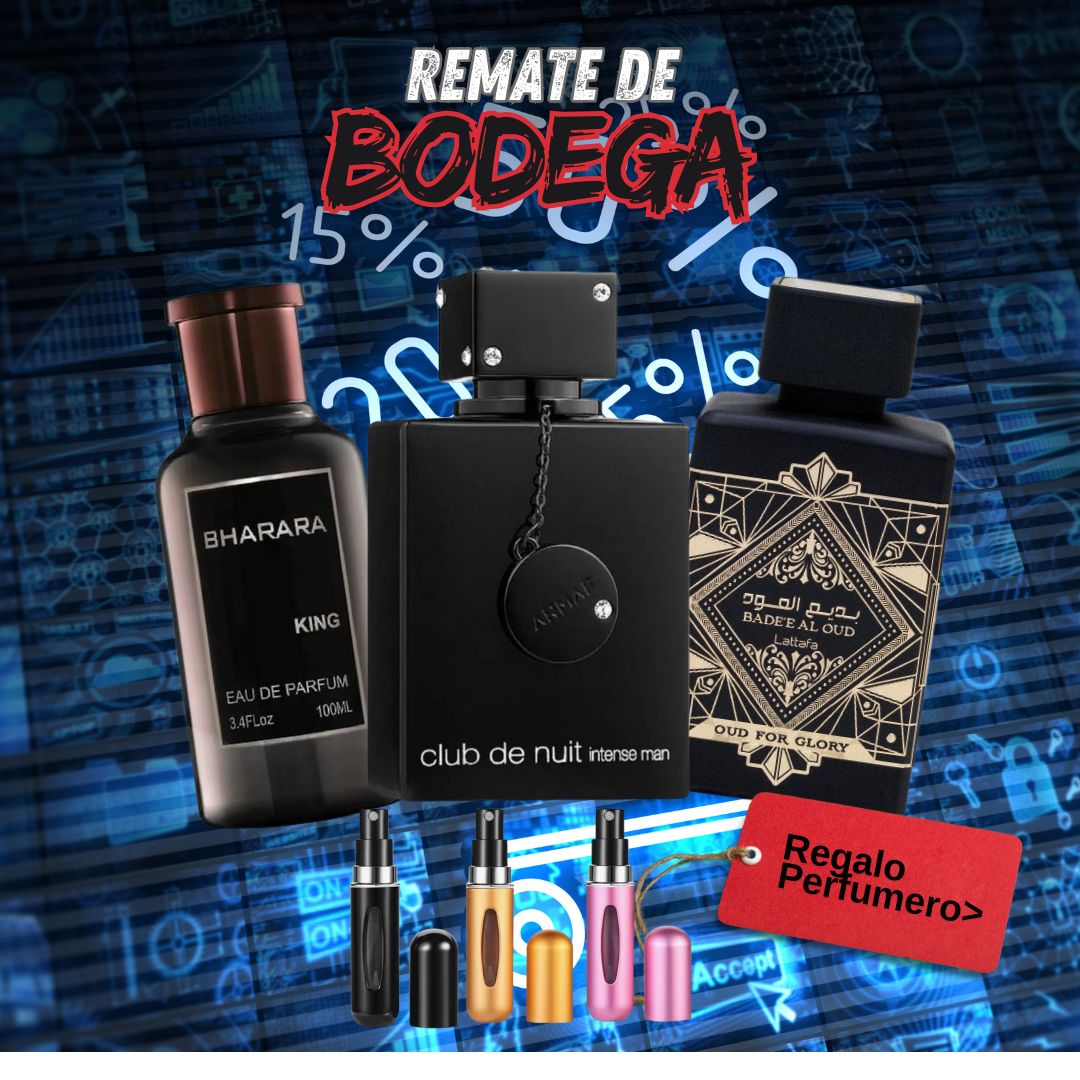 REMATE DE BODEGA - Bharara, ClubTheNuit, LataffaOudOfGlory + Perfumero GRATIS