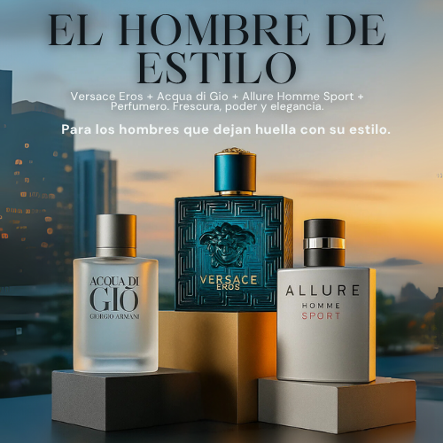 Hombre de Estilo - AllureSport, Versache Eros, AquaDiGio + Perfumero GRATIS