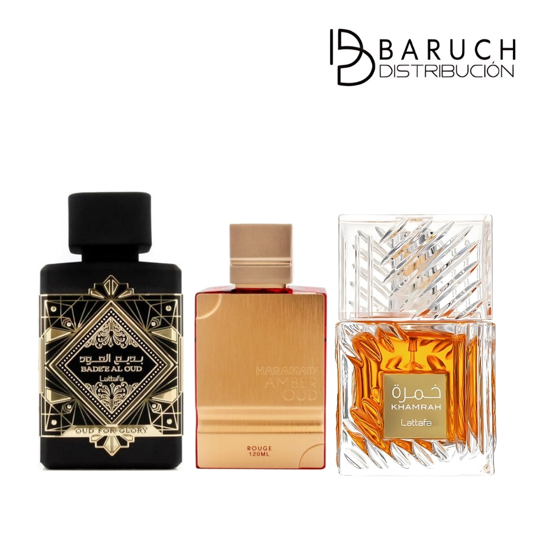 COMBO ARABE - Haramain Amber Rouge + Lattafa Oud for Glory + Khamrah.