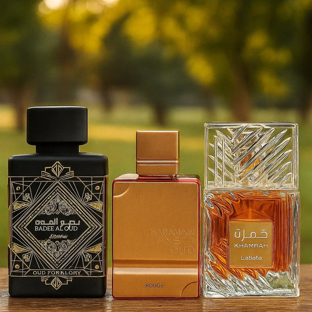 COMBO ARABE - Haramain Amber Rouge + Lattafa Oud for Glory + Khamrah.